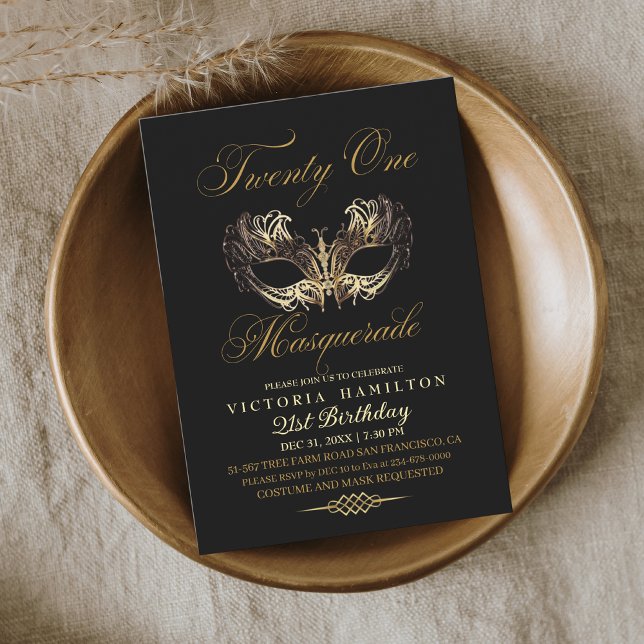 Convites Máscara Dourada mascarada aniversário de 21 anos (Criador carregado)