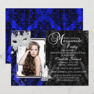 Convites Máscara e Saltos Elegantes Mascarada Navy Doce 16