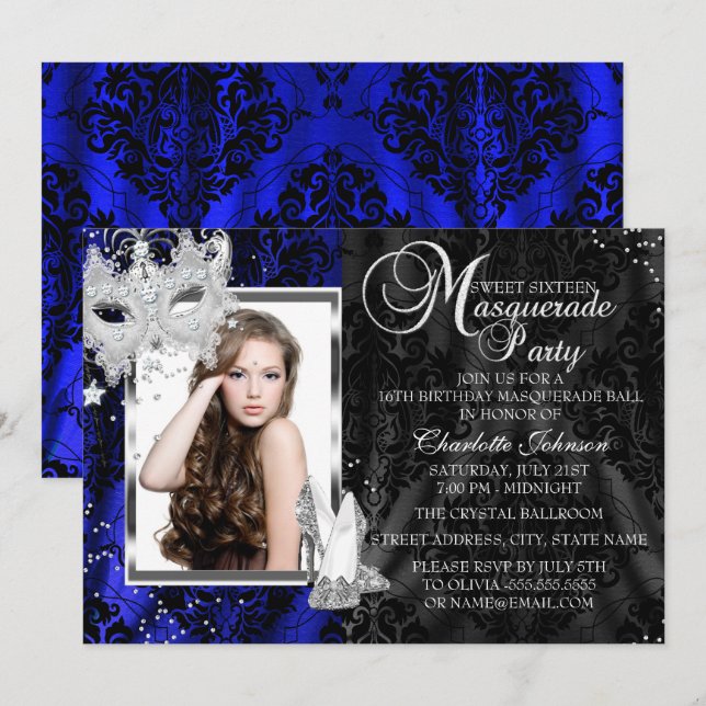 Convites Máscara e Saltos Elegantes Mascarada Navy Doce 16 (Frente/Verso)