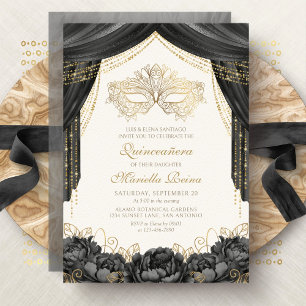 Convites Máscara Elegante de Mascarada Quinceanera Preta