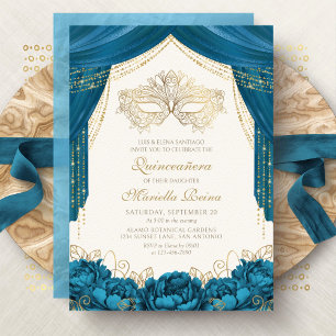 Convites Máscara Elegante de Máscaras Teal Quinceanera
