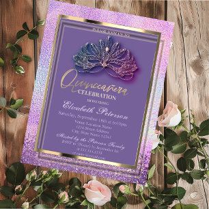 Convites Máscara Elegante Diamantes Holográfica Quinceañera