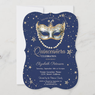 Convites Máscara Elegante Estrelas Azul Marinho Quinceanera