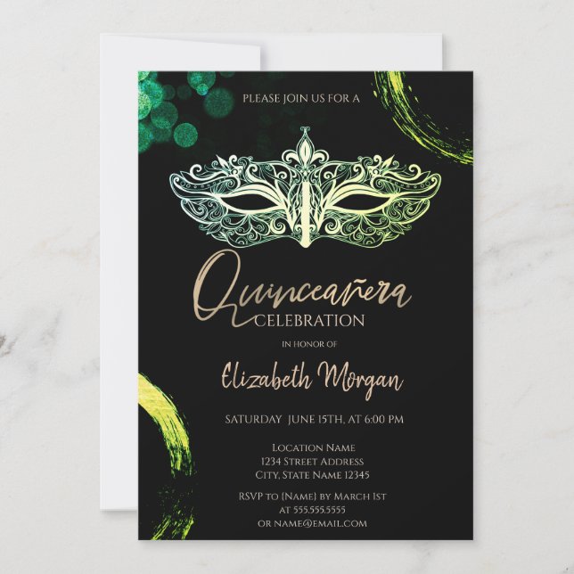 Convites Máscara Elegante, Máscara Chic Quinceañera (Frente)