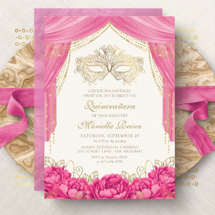 Convites Máscara Elegante Rosa Quinceanera Disfrazada