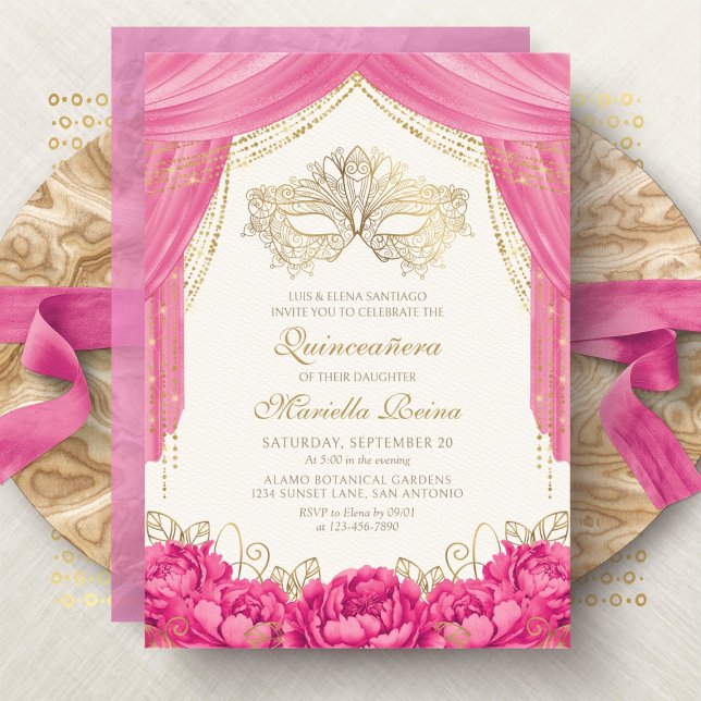 Convites Máscara Elegante Rosa Quinceanera Mascarada (Criador carregado)