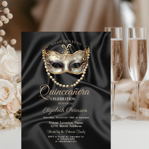 Convites Máscara EleganteQuinceañera de Seda Negra
