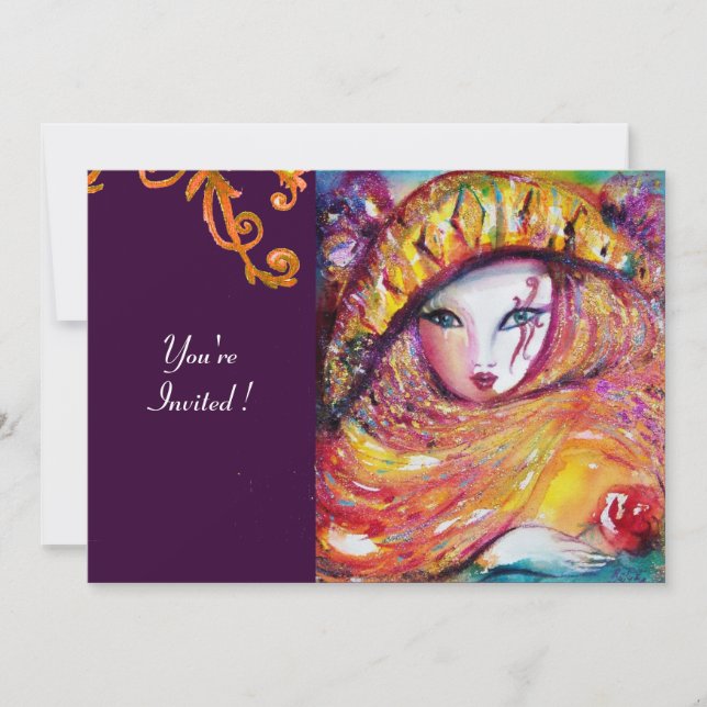 Convites MÁSCARA EM AMARELO, FESTA DE MARDI GRAS roxo verme (Frente)