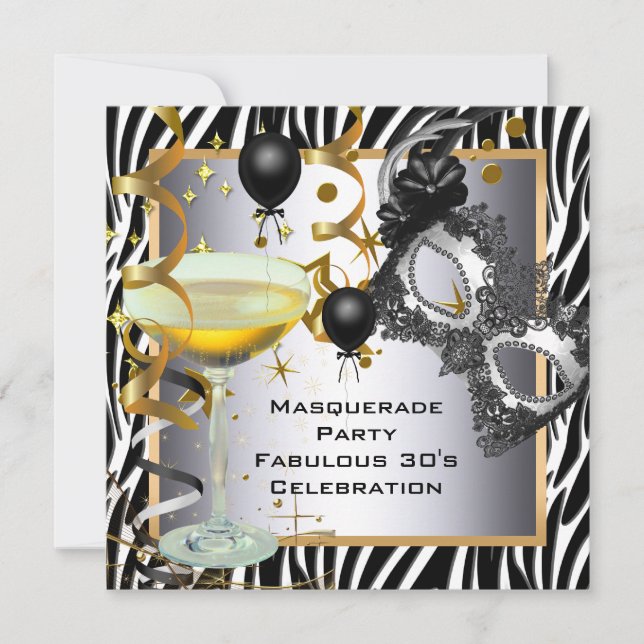 Convites Máscara Fabulosa 30º Zebra Prata Dourado Preto (Frente)