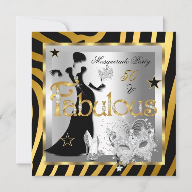Convites Máscara Fabuloso 50 Zebra Dourado Prata Preto (Frente)