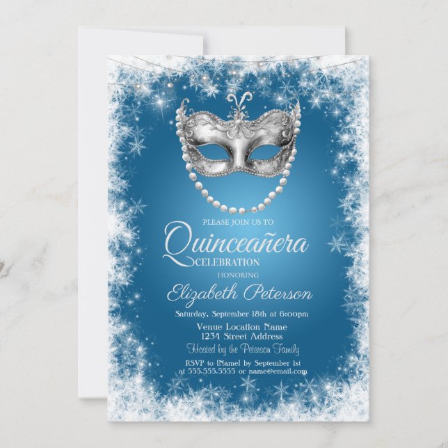 Convites Máscara,Flocos de Neve,Convite Azul de Quinceañera (Frente)