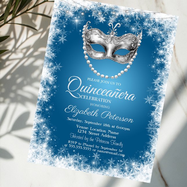 Convites Máscara,Flocos de Neve,Convite Azul de Quinceañera (Criador carregado)