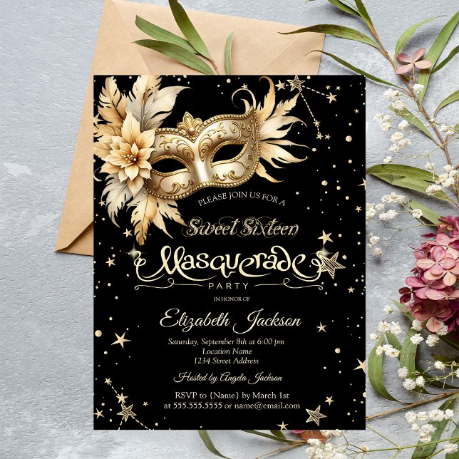 Convites Máscara Floral Dourada Estrelas Sweet 16 (Criador carregado)