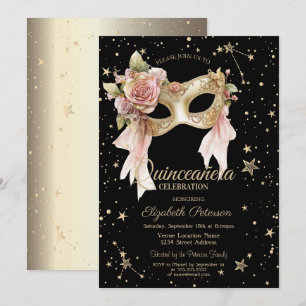 Convites Máscara Floral Elegante Estrelas Preto Dourado Qui
