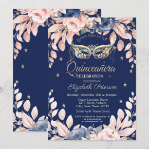 Convites Máscara, Flores Azuis, Estrelas Douradas Quinceañe