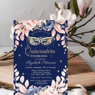 Convites Máscara, Flores Azuis, Estrelas Douradas Quinceañe