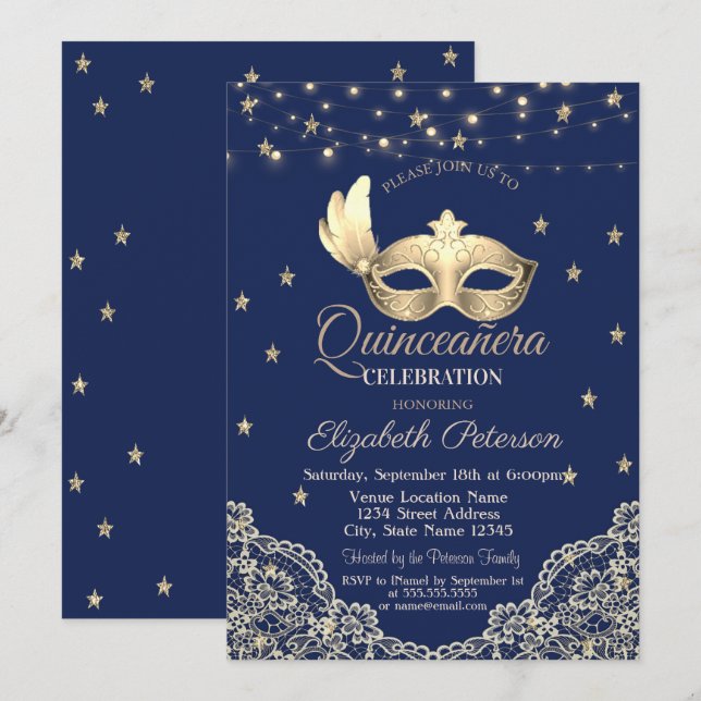 Convites Máscara,Luzes de Corda,Renda,Estrelas Quinceañera (Frente/Verso)