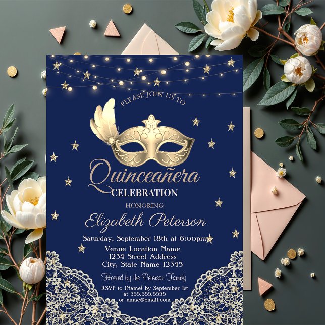Convites Máscara,Luzes de Corda,Renda,Estrelas Quinceañera (Criador carregado)