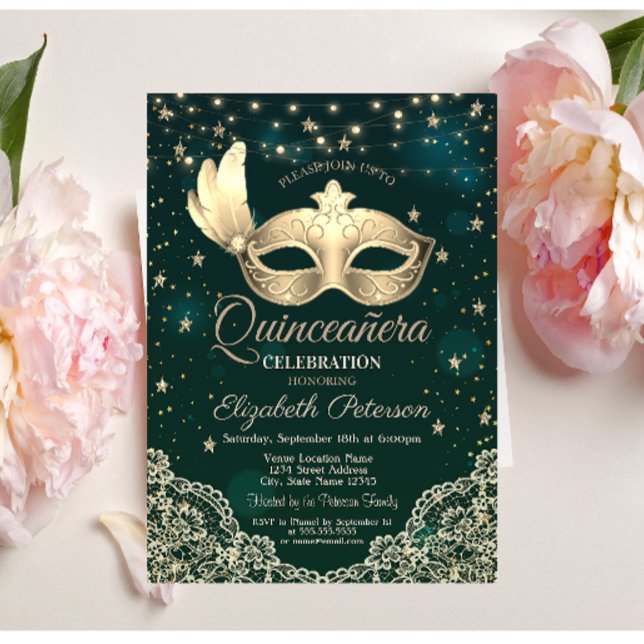 Convites Máscara,Luzes de Corda,Renda,Estrelas Verde Quince (Criador carregado)