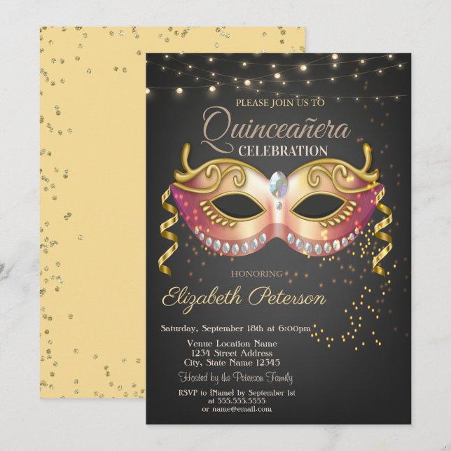Convites Máscara,Luzes,Diamantes Mascarada Quinceañera (Frente/Verso)