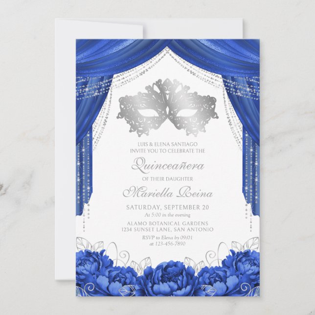 Convites Máscara Mascarada Azul Real Quinceanera (Frente)