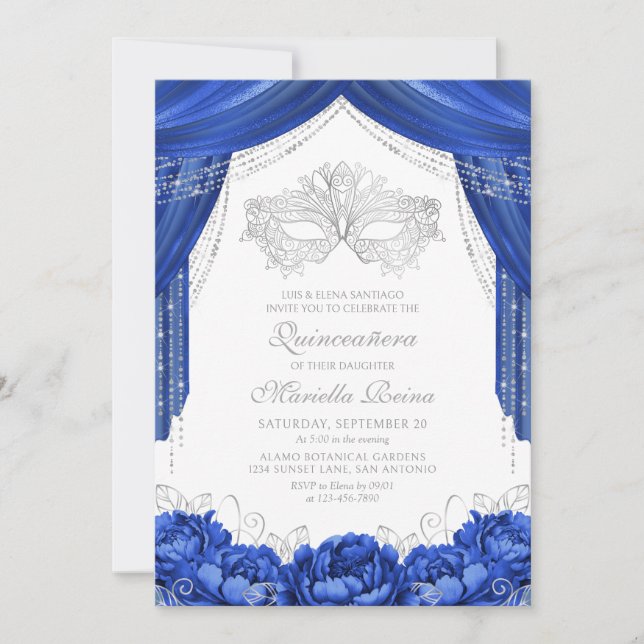 Convites Máscara Mascarada Azul Real Quinceanera (Frente)