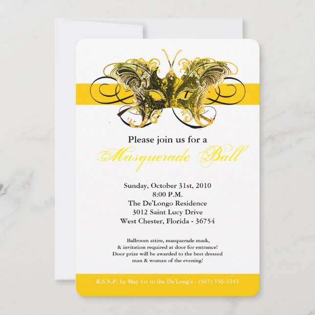 Convites Máscara Mascarada de Máscara de Borboleta Amarela  (Frente)
