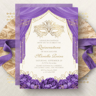 Convites Máscara Mascarada Purple Elegante Quinceanera