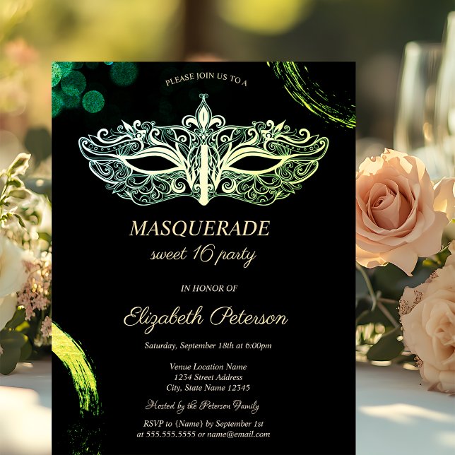 Convites Máscara Preta Elegante, Mascarada Doce 16 (Criador carregado)