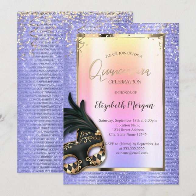 Convites Máscara Preta Mascarada Lavanda Quinceañera (Frente/Verso)