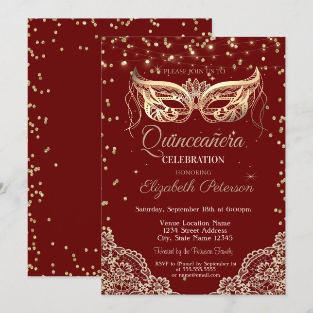 Convites Máscara, Renda, Diamantes Quinceañera (Frente/Verso)