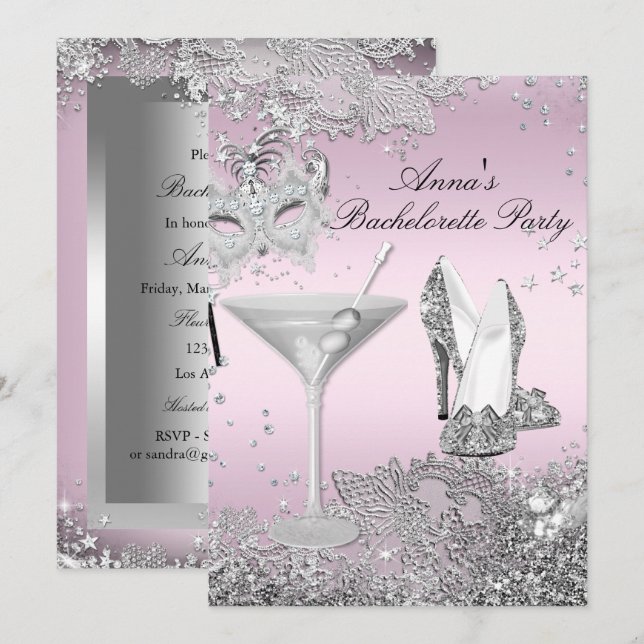Convites Máscara Rosa Prata & Convidar para Festa de Desped (Frente/Verso)