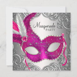 Convites Máscara Rosa Quente e Prata Festa de Mascarada