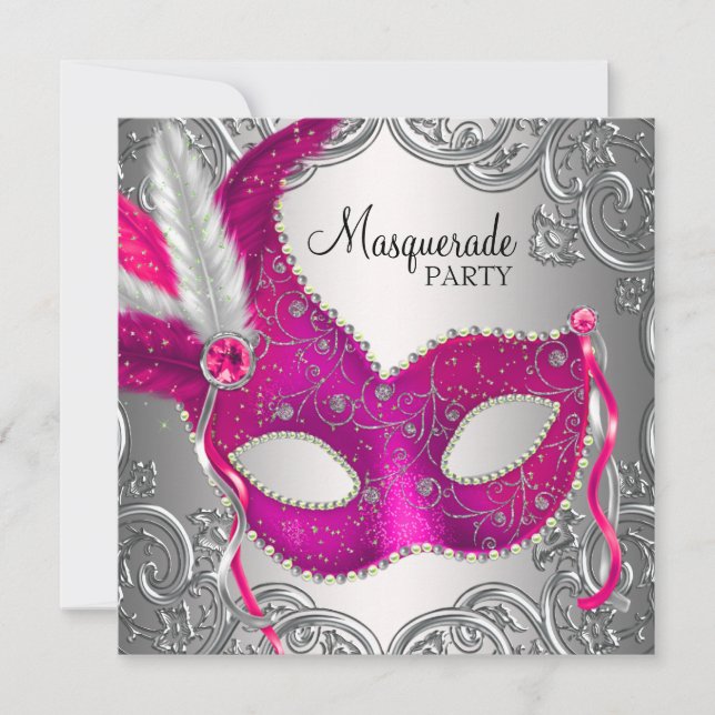 Convites Máscara Rosa Quente e Prata Festa de Mascarada (Frente)