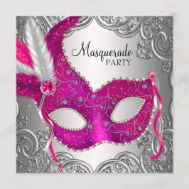Convites Máscara Rosa Quente e Prata Festa de Mascarada