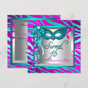 Convites Máscara Rosa Quente Zebra Azul Turquesa Doce 16 De