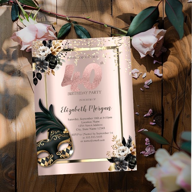 Convites Máscara Rosas Pretas Confete Rosa Dourado 40º (Criador carregado)