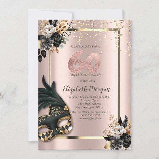 Convites Máscara Rosas Pretas Confete Rosa Dourado 60º (Frente)