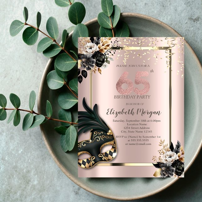 Convites Máscara Rosas Pretas Confete Rosa Dourado 65º (Criador carregado)
