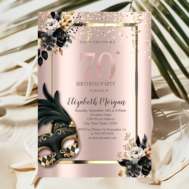 Convites Máscara Rosas Pretas Confete Rosa Dourado 70º (Criador carregado)