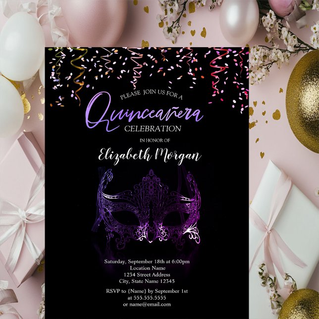 Convites Máscara Roxa,Confetes Festa de Máscaras Quinceañer (Criador carregado)