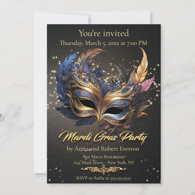 Convites Máscara Veneziana Elegante Mardi Gras (Frente)