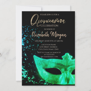 Convites Máscara Verde, Confetes Quinceañera