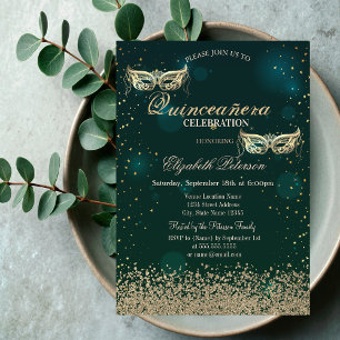 Convites Máscara Verde para Quinceañera da Modern Gold Diam