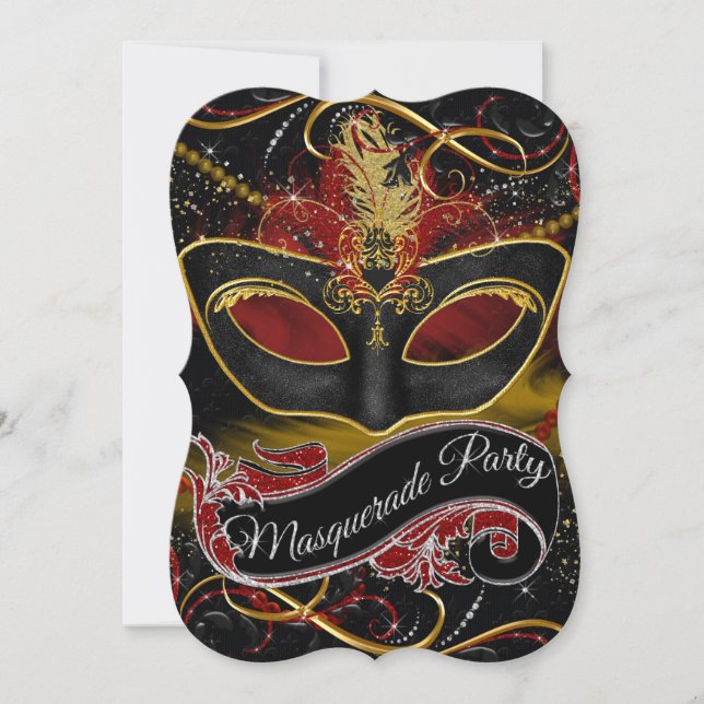 Convites Máscara Vermelha e Dourada Brilho Mascarada (Frente)