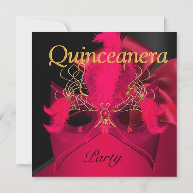 Convites Máscara Vermelha Preta Dourada Quinceanera Mascara (Frente)
