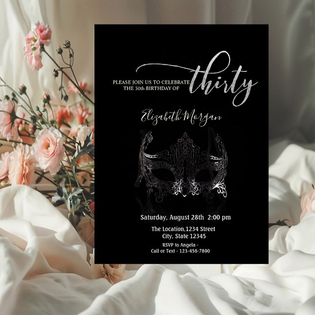 Convites Mascarada, aniversário de 30 anos preto prateado (Criador carregado)