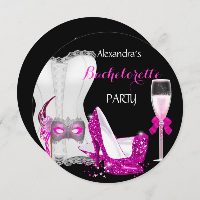 Convites Mascarada Bachelorette Corset cor-de-rosa (Frente/Verso)