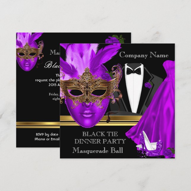 Convites Mascarada Ball Purple Tie Party (Frente/Verso)