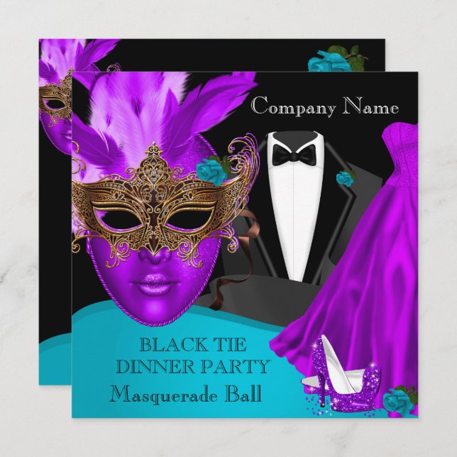 Convites Mascarada Ball Roxo Teal Black Tie Party (Frente/Verso)
